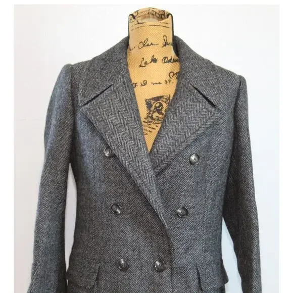 Vtg Saint Laurent Rive Gauche Gray Wool Herringbone Double Breasted Overcoat S